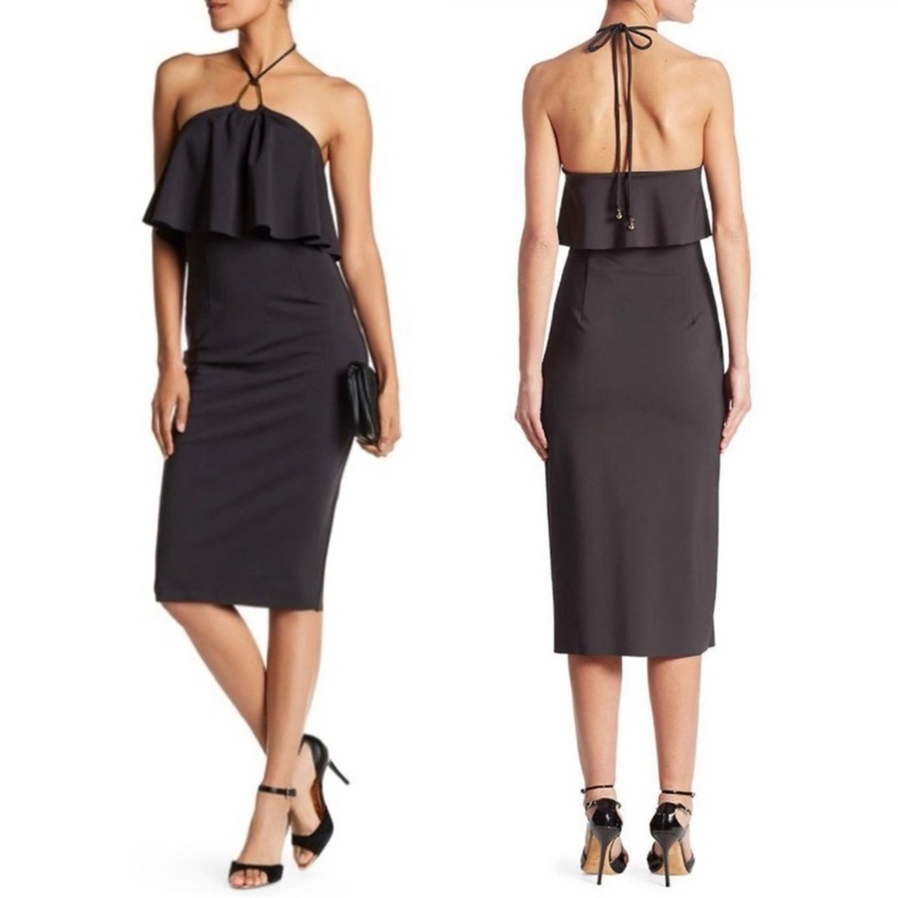 Trina Turk Soozy Halter Little Black Cocktail Ruffle Midi Dress in Black